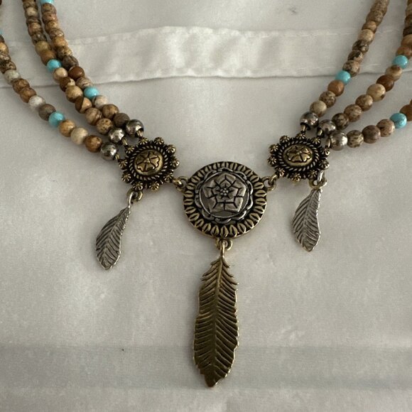 Carolyn Pollack American West Jasper Sterling Brass, Turquoise Feather Necklace - Picture 2 of 6